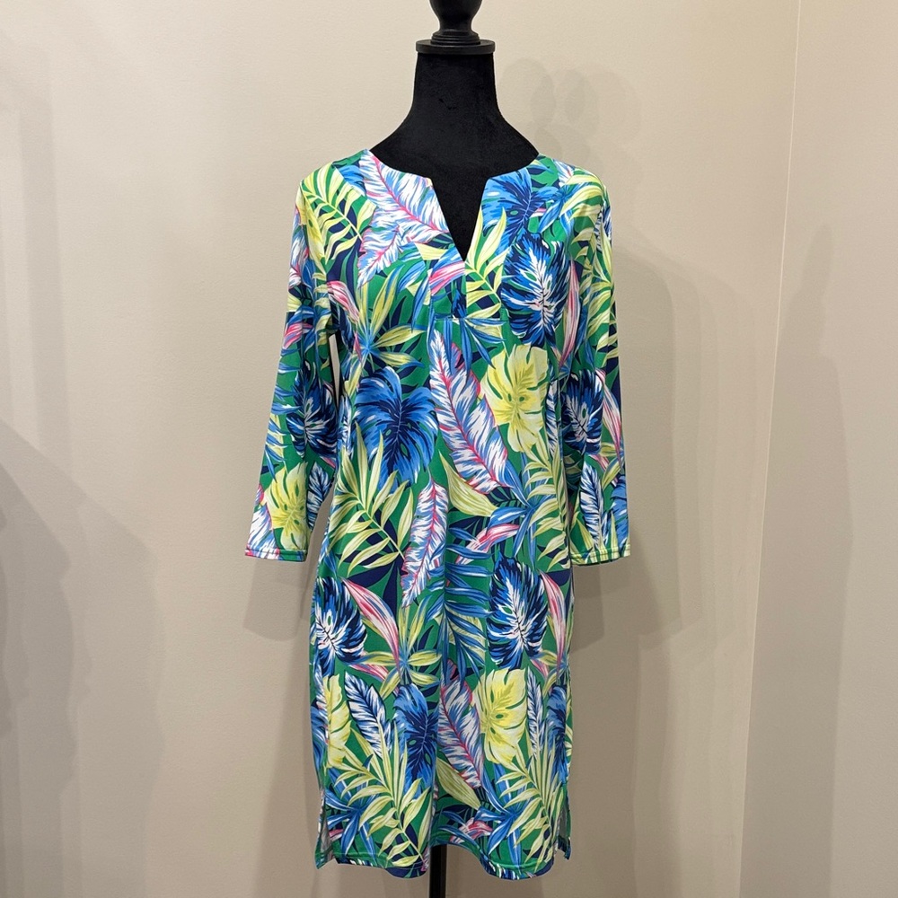 Stella Parker Island Collection UPF 50 Tropical Print Swim Cover-Up Dress sz S